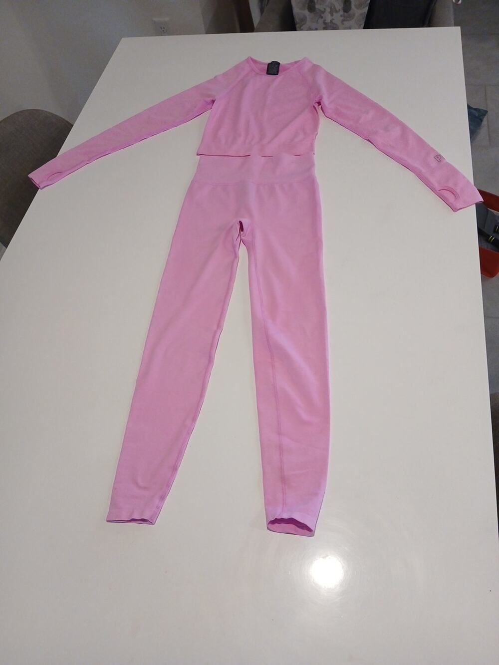 Pink Activewear Gym Yoga Set Ribbed Long Sleeve Cropped Top & Wide Leg Flare...